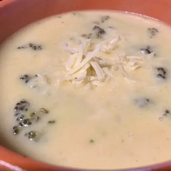 A close-up of creamy soup topped with shredded cheese and small pieces of broccoli in a bowl.