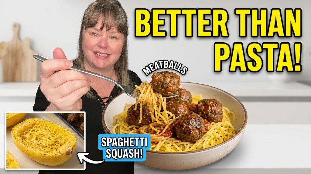 A woman holds a forkful of spaghetti squash with meatballs in a bowl, with the text 'Better Than Pasta!' and a smaller image of spaghetti squash.